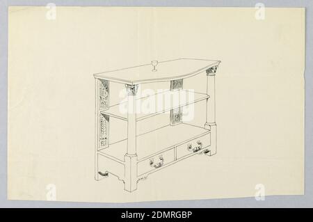 Design für Side Serving Tisch mit zwei Regalen geschmückt von zwei korinthischen- Säule Front unterstützt auf einem zwei-Schubladen-Basis, A.N. Davenport Co., Stift und schwarze Tinte auf dünnem cremefarbenem Papier, Tisch mit länglicher Oberseite (konvexer Front) auf zwei korinthischen Stützen vorne und zwei flachen, kunstvoll geschnitzten Stützen hinten. Regaleinheit in der Mitte. Die Basis besteht aus zwei Schubladen (eine Einheit auf kurzen Beinen, so dass sie vom Boden angehoben wird). Auf dem Tisch steht ein Weinglas., 1900–05, Möbel, Zeichnung Stockfoto