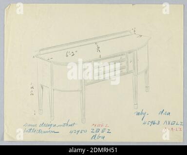 Design für sechs-beinigen Sideboard mit abgerundeten Ecken und fünf zentralen Schubladen, A. N. Davenport Co., Graphit auf dünnem cremefarbenem Papier, Sideboard auf sechs geraden konischen Beinen mit abgerundeten Vorderecken; flacher Mittelteil der dreiteiligen Front hat drei schmale horizontale Schubladen, jede mit einem Paar runder Züge; flankierende Abschnitte der Front haben jeweils schmale vertikale Schubladen mit einzelnen runden Zügen in der Mitte; Niedriger Rücksplash an der Rückseite der Oberseite., 1900–05, Möbel, Zeichnung Stockfoto