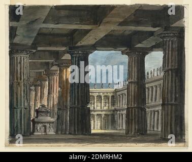 Bühnenbild, Klassische Loggia und Innenhof, Romolo Achille Liverani, Italienisch, 1809 - 1872, Alessandro Sanquirico, Italienisch, 1777 - 1849, Stift und schwarze Tinte, Pinsel und Aquarell, Graphit auf getupftem Papier, Horizontales Rechteck. Innenhof des antiken Tempels umgeben von Säulengängen und Eingangstür reich verziert., Italien, Anfang des 19. Jahrhunderts, Theater, Zeichnung Stockfoto