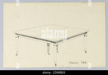 Design für sechs-beinigen rechteckigen Esstisch, A. N. Davenport Co., Stift und schwarze Tinte, Graphit auf dünnem cremefarbenem Papier, rechteckige Tischplatte mit über die Mitte verlaufender Trennbahre, angehoben auf 6 [5 abgebildet] flache, gerade, spitz zulaufende Beine auf Becherrollen; paarweise geteilte Beine, ein Paar auf beiden Seiten und ein Paar in der Mitte., 1900–05, Möbel, Zeichnung Stockfoto