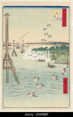 Blick auf Shiba Coast (Shibaura no fukei) aus der Serie hundert berühmte Ansichten von Edo, Ando Hiroshige, japanisch, 1797–1858, Holzschnitt in farbiger Tinte auf Papier, dieser Druck enthält viele Beispiele für den Einsatz von Perspektive. Drei Gruppen von Möwen werden im Hintergrund, im Mittelgrund und im Vordergrund platziert. Zwei große Holzstrukturen der linken Seite, die in derselben Kompositionstechnik präsentiert werden, vermitteln auch Tiefe im Druck. Schließlich versuchen vier Boote, die in der Größe abnehmen, während sie weiter in die Edo-Bucht schweben, diese Komposition zu unterstützen., Japan, 1856, Landschaften, Drucken Stockfoto