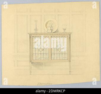 Design für Schrank mit Glastüren und geformten Frieze-like Top, A.N. Davenport Co., Graphit, Pinsel und gelbes, blaues und braunes Aquarell auf schwerem cremefarbenem Wove-Papier, vor dem Hintergrund der vorgeschlagenen Holzvertäfelung, rechteckiger Schrank mit 2 Glastüren; geformte friesartige Oberseite mit Messingplatte in gelbem Aquarell plus Krug und 2 Vasen überragt; 2 vorne verjüngende Beine erstrecken sich in gezogenem pilaster-ähnliche Elemente auf beiden Seiten der Glastüren und enden in geschnitzten Akanthus Blätter; hölzerne Teile des Schrankes vorgeschlagen in hellbraunem Aquarell und Glastüren in blauem Aquarell. Stockfoto