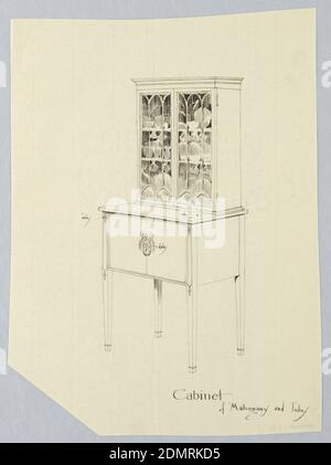 Design für Schrank in Mahagoni und Inlay mit Tasse und Untertasse oben, A. N. Davenport Co., Stift und schwarze Tinte auf dünnem cremefarbenen Papier, einklappbare Körper mit 2 Türen verziert mit einem ovalen Patera Medaillon Mitte; angehoben auf 4 geraden, leicht verjüngenden Beinen; hohes Cubboard oben mit Glastüren und porzellan Teller und Tassen innen; tasse und Untertasse rechts vom Unterschrank., 1900–05, Möbel, Zeichnung Stockfoto