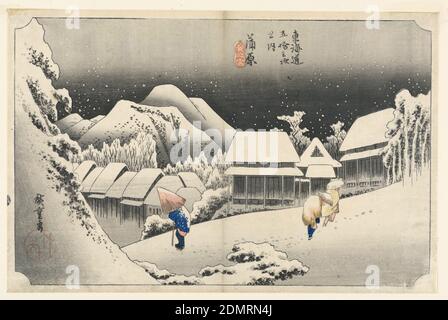 Kambara, Schnee in der Dämmerung, in den 53 Stationen der Tokaido-Straße (Tokaido Gojusan Tsugi-no Uchi), Ando Hiroshige, japanisch, 1797–1858, Holzblock-Druck in farbiger Tinte auf Papier, Winterszene mit schwerem Schnee; Dorf in der Mitte. Ein steiler, baumbewachsener Hang links mit Bäumen und Bergen im Hintergrund. Im Vordergrund fällt die Straße mit drei Bauern nach rechts aufwärts., Japan, ca. 1834, Landschaften, Drucken Stockfoto