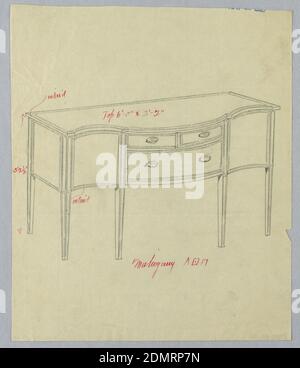 Design für Sideboard mit Serpentine Front und drei Schubladen, A. N. Davenport Co., Graphit und Stift und rote Tinte auf dünnem cremefarbenem Papier, Oblong-Sideboard mit 6 geraden, spitz zulaufende Beinen; dreigliedrige Serpentinfront mit 3 Schubladen in 2 Reihen in der Mitte, flankiert von 2 Türen., 1900–05, Möbel, Zeichnung Stockfoto