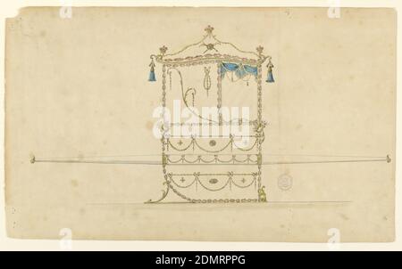 Design für einen Sedan Chair, Stift und Tinte, Pinsel und verschiedene Wasserfarben auf Papier, im Profil rechts gedreht ist ein Fenster mit einem Vorhang gezeigt. In der Tafel neben den Händen eine Girlande aus einem Bogenknoten und steigt schräg aus der unteren rechten Ecke eine Schriftrolle. Die Paneele über und unter der Bar, die wie 2 mit Festoons, die von einem horizontalen Seil hängen dekoriert ist. An den oberen Ecken der zentralen Platte sind Füllhorn. Das Dach ist dreieckig und hat auf der Oberseite und den unteren Ecken königliche Kronen. Quasten Hang down., London, England, 1770–75, Möbel, Zeichnung Stockfoto