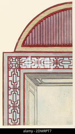 Deckendekoration, wahrscheinlich für das Konservatorium/Musikzimmer, Frederick Crace, Englisch, 1779–1859, Pinsel und Aquarell, Gouache, Stift und schwarze Tinte auf dickem weißen Gewebspapier, vertikales Rechteck. Design für den Royal Pavilion, Brighton. Das Detail des Entwurfs für die Decke, die in drei Abteilungen unterteilt ist: Quadratisch und zwei halbowale Abschnitte. Etwa ein Viertel des Entwurfs wird gezeigt, wobei das Quadrat die bemalte Darstellung eines wolkigen Himmels enthält, der von einer Balustrade und einem breiten Gitter-Arbeitsrand überragt wird. Das Oval enthält Bambus im Streifenmuster. Roter chinesischer Bund. Stockfoto