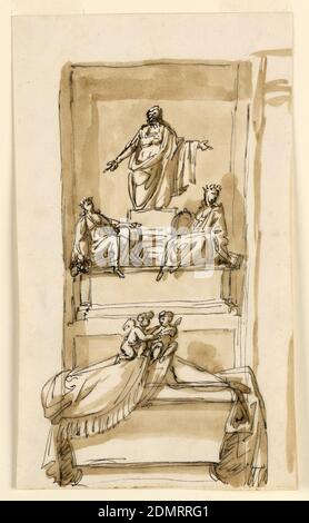 Denkmal, Feder und braune Tinte, Pinsel und braune Wäsche, Vertikale Komposition eines Grabmonuments. Darunter ist ein Sarkophag teilweise mit einem Tuch mit zwei Putten bedeckt. Im Rücken erhebt sich ein Sockel, auf dem zwei Frauen sitzen. Sie sind Personifikationen von 'Gerechtigkeit' und 'Frieden'. Ein Mann in klassischer Rüstung kniet auf einer Basis. Eine eckige Nische ist angegeben. Daneben, rechts, sind Teile eines anderen Designs., Italien, ca. 1795, Architektur, Zeichnung Stockfoto