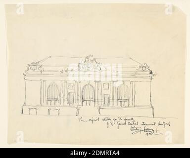 Grand Central Terminal, New York, NY: Design for façade, Whitney Warren Jr., American, 1864–1943, Stift und schwarze Tinte, Graphit auf cremefarbenem Tastung Papier, Südfassade des unteren und oberen Geschoss, mit Treppe zum Haupteingang in der Mitte. Zwischen den Eckvorsprüngen befinden sich fünf Schächte, abwechselnd in verschiedenen Größen. Dachornamentik in der oberen Mitte des oberen Geschoss., USA, 1910, Zeichnung Stockfoto