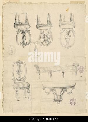 Stühle und Architekturskizzen, Graphit auf cremeweißem Papier, Seite in vier Abschnitte unterteilt. Oben drei Stühle mit runden Sitzen und gedrehten Beinen. Unten links ein Stuhl mit gestreiften Sitzpolstern. Unten rechts: Eine Bank mit gestreifter Polsterung und einem demi lune Konsolentisch mit Swags verziert., Italien, ca. 1800, Möbel, Zeichnung Stockfoto