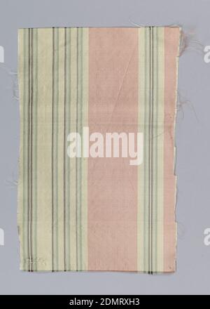 Fragment, Medium: silk Technique: plain weave, Lightweight silk in vertical stripes of pink, white, green and black., France, 19th century, woven textiles, Fragment Stock Photo