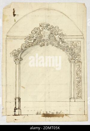 Skulpturale Overdoor, Feder- und Eisengalltinte, Pinsel und Wasch, Graphit auf cremefarbenem Papier, Bogen mit kunstvoll geschnitzter Übertür aus Putti und gekröntem Wappen., Italien, 1600–1750, Architektur, Zeichnung Stockfoto