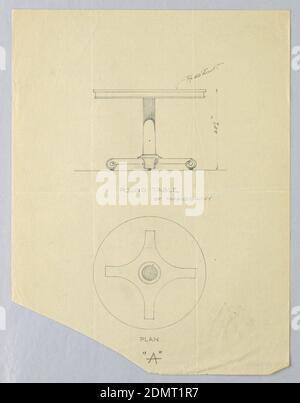 Entwurf für einen runden Tisch aus Mahagoni 'A' (Höhe und Plan), A.N. Davenport Co., Graphit auf dünnem, cremefarbenem Papier, in der oberen Mitte des Blattes, zeigt die Höhe des Tisches geformte Oberseite sitzen auf säulenähnlicher Unterstützung angehoben auf flachem geformten Sockel mit Rändelfüßen. Unten, im unteren Segment des Blechs in der Mitte, zeigt der Plan eine runde Tischplatte, die auf einem rechteckigen Formboden mit einem kreisförmigen Element in der Mitte angehoben ist, das auf eine säulenförmige Stütze hinweist., 1900–05, Möbel, Zeichnung Stockfoto