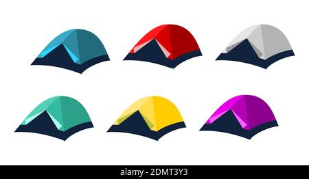 Zelt-Set. Sammlung von sechs verschieden farbigen Zelten. Kuppelzelt-Symbol. Camping- und Wanderausrüstung. Outdoor-Camp Abenteuer Tourismus. Isoliert auf Weiß Stock Vektor