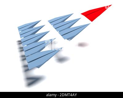 Führungskonzept. Eine rote Führungsebene führt andere graue Ebenen nach vorne. 3d-Rendering Stockfoto