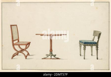 Zwei Stühle und ein Tisch, Jean Démosthène Dugourc, französisch, 1749–1825, Pinsel und Aquarell, Stift und schwarze Tinte, Graphit auf weißem Papier, Rundtisch, geriffelte Säulenstütze, die in gebogenen Ziegenbeinen endet. Flankierender Tisch, linker Stuhl mit X-förmigem Rahmen, Rattansitz und Rückenlehne. Rechts: Stuhl, leicht abfallendes Rückenlehnengestell, Sitzkissen blau und ocker gemustert, kegelförmige Beine., Frankreich, ca. 1790, Möbel, Zeichnung Stockfoto