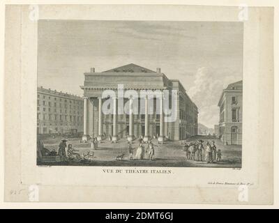 Theater Italien, Paris, Gravur auf Papier, Horizontales Rechteck. Nr. 75 der gleichen Publikation wie -1392. Schräg von der linken Ecke der Vorderseite mit den Häusern der flankierenden Straßen und Häuser und einem Hügel sichtbar am Ende der rechten Straße. Die Bildunterschrift lautet neben der Unterschrift und dem Namen der Publikation: 'VUE DU THEATER ITALIEN'., Europa und USA, Paris, Frankreich, 1790–1795, Architektur, Print Stockfoto