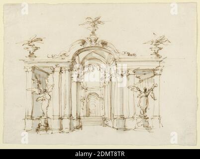 Bühnenbild, Gartenloggia, Filippo Juvarra, italienisch, 1678 - 1736, Stift und Tinte, Pinsel und graues Aquarell auf Papier, die kleinen Barrieren eines monumentalen Tores sind geöffnet. Es hat die Form einer Kolonnade mit einem höheren gewölbten zentralen Teil, und mit zwei unteren, geraden, überdachten seitlichen Teilen. Vor den letzteren stehen Engelstatuen; die linke trägt ein Kreuz und eine andere Objektivität; die rechte trägt möglicherweise eine Trompete. Blick durch den zentralen Teil, an einem Vorraum mit Treppe, der zu einer Galerie führt, die hinten durch eine Schranke verschlossen ist., Italien, ca. 1700–14, Theater Stockfoto