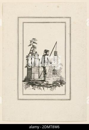 Stehender chinesischer Mann mit zwei Vogelkäfigen, Tafel 5 aus 'Cahier de Figures Chinoises', Jean-Jacques Avril der Ältere, französisch, 1744 - 1831, Jean-Baptiste Pillement, französisch, 1728–1808, auf Papier gravierend, STEHT EIN Chinese in einem Garten mit einem Vogelkäfig in der rechten Hand, Und in seiner linken, ein Pfosten, von dem Hände einen anderen Käfig., Frankreich, 1773, Print Stockfoto