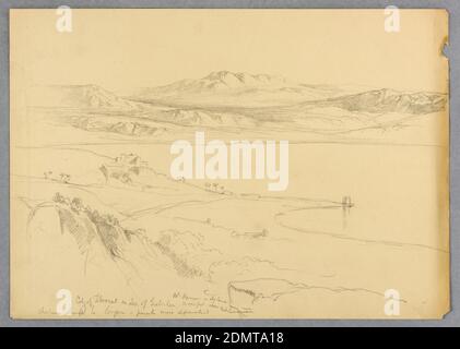 Stadt Tiberias am See von Galiläa, Mt. Hermon in Distance, Daniel Huntington, American, 1816–1906, David Roberts, Scottish, 1796 - 1864, Graphit auf Papier, Felsen Klippen im Vordergrund. Das Meer, rechts und Mitte, mit Gebäuden auf einem niedrigen Grat links und Bergen dahinter., USA, ca. 1878, Landschaften, Zeichnung Stockfoto