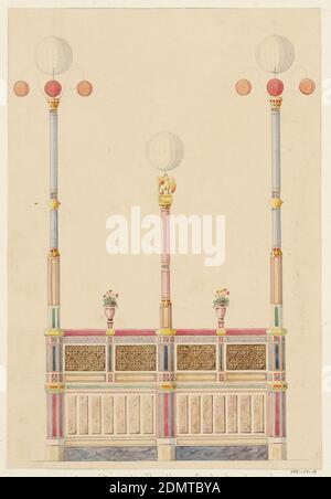 UN des cotes du Pavillon orchestre dans le Jardin des Tuileries, en Juillet 1838', Félix-Jacques Duban, Französisch, 1798 - 1870, Pinsel, Stift und Aquarell, Graphit Unterstützung: Hellbraunes Papier auf cremeweißem Papier, Design für die niedrige Seitenwand eines Musikpavillons, der drei hohe Lichtpfosten unterstützt. Die beiden passenden Endlichtpfosten sind mit blauen und weißen Streifen und goldenen Akzenten verziert. Die Oberseite jedes Pfostens endet in einer großen weißen Globe Laterne, mit drei kleineren Globe Laternen unten, zwei farbige orange und die dritte rot. Der kürzere zentrale Lampenpfosten ist mit rot artikuliert Stockfoto