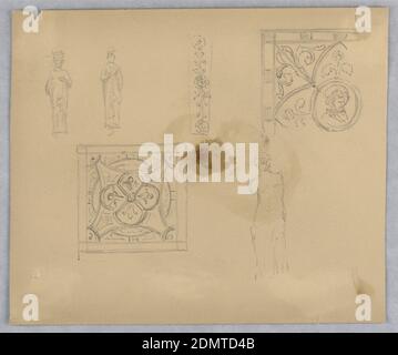Skizzen von Dekorationspaneelen oder Grillarbeiten, Arnold William Brunner, Amerikaner, 1857–1925, Graphit auf beigefarbenem Papier, Dekorationspaneele oder Gitterwerk oben Mitte, oben rechts und Mitte links. Oberer Mittelteil der Verkleidung oder des Gitters, oben rechts, Ecke oder Verkleidung oder Gitter, mit Akanthus-Blättern. Mitte links, quadratisches Panel oder Gitter. Skizzen von weiblichen Statuen, oben links und unten rechts. Zwei oben links sind ähnlich im Stil. Unten rechts, möglicherweise eine Skizze von Venus de Milo., USA, ca. 1879, Architektur, Zeichnung Stockfoto
