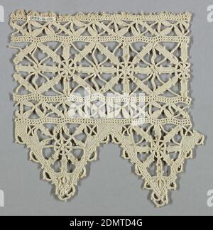 Fragment, Medium: linen Technique: grid of withdrawn element with needle lace (reticella style), Wide panel with deep border of inverted triangles. Central panel in diamond-shaped design with tiny circles at intersections. Circle and spokes fill pointed border., Italy, 16th century, lace, Fragment Stock Photo