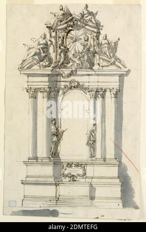 Entwurf für einen Altar, Filippo Marchionni, italienisch, 1732–1805, Feder und braune Tusche, Pinsel und Grauwäsche, schwarze Kreide, Streifen brauner Kreide auf weißem Papier, vertikales Rechteck. Die mensa, Altarstein, steht in der Mitte eines Sockelteils, auf dem eine zweite Sockelleihe steht. Vor ihm steht ein kleines Tabernakel, das in seinem zentralen Teil einen Reliquiar-Schrein enthält. Der Retabel hat die Form eines Bogens, der von drei eingebetteten Säulen auf beiden Seiten flankiert wird, die die Entablatur und den gebrochenen Giebel unterstützen. Figuren sitzen auf den Gesimsen. Zwei Engel unterstützen einen Eizoid mit der Taube Stockfoto