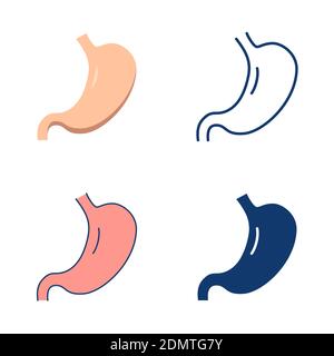 Human stomach icon set in flat and line style. Internal organ symbol, part of human digestive system. Vector illustration. Stock Vector