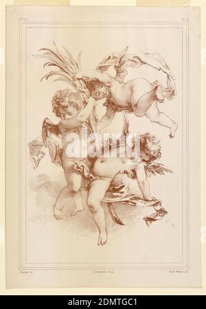 Cupidons Volants, Emile Wattier, französisch, 1800 - 1868, François Boucher, französisch, 1703 – 1770, Lithographie in brauner Tinte auf weißem Papier, drei Putten spielen über eine Garbe, alles in der Luft und mit Bändern., Frankreich, ca. 1825–1855, Drucken Stockfoto