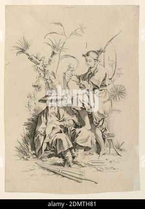 Le Toucher (Touch) aus der Serie Les Cinq Senses (die fünf Sinne), François Boucher, französisch, 1703 – 1770, Gabriel Huquier, französisch, 1695–1772, Radierung und Gravur auf Papier, zwei allegorische Figuren, die den Tastsinn darstellen. Einer sitzend, älterer Mann (links), und einer stehend, junge Frau (rechts). Jeder hält ein Tier (Katze?), und zu ihren Füßen legen einen Sonnenschirm, einen Löffel und eine Platte., Frankreich, Frankreich, 1720–1770, Abbildungen, Druck Stockfoto