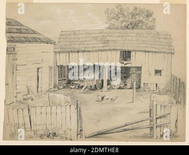 Thompson's Farm in North Conway, New Hampshire, Daniel Huntington, Amerikaner, 1816–1906, Graphit, weiße Kreide, schwarzer Buntstift auf Papier, Barnyard mit Hühnern und Rindern. Schuppen links und hinten, und ein Zaun im Vordergrund. Figur in einem Heuwagen in der Mitte., USA, 1. September 1854, Architektur, Zeichnung Stockfoto