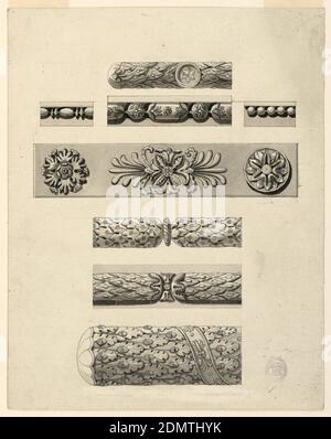 Acht Entwürfe für Zierleisten, C. C. C., Französisch, aktives 19. jh., Graphit, Stift und schwarze Tinte, Pinsel und graues Aquarell, Pinsel und Schwarz auf hellcremigem Papier, die obere Reihe: Torusform in Form einer Lorbeerkirlande mit einem Medaillon mit einem sechszackigen Stern. Zweite Reihe: Drei Perlenleisten. Dritte Reihe: Ein Fries mit Applikationen. In der Mitte ist ein Palmettenmotiv; an den Enden zwei Rosetten in verschiedenen Designs. Vierte Reihe: Ein Torus in Form von zwei Girlanden, die durch eine Schale (?) verbunden sind. Fünfte Reihe: Eine Torusform, bestehend aus Lorbeerkränzen, die aus Kelchen entspringen Stockfoto