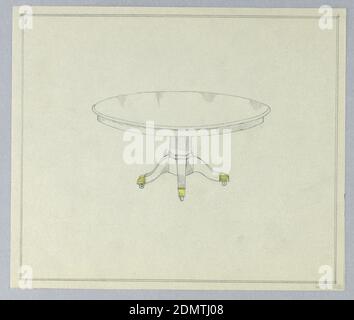 Design für runden Esstisch auf achteckigen Basis, A. N. Davenport Co., Graphit, gelber Farbstift auf dünnem cremefarbenem Papier, runde, auf sechseckiger Basis angehobene, auf der Unterseite gegossene Doppelbande mit 4 [3 abgebildeten] gespreizten Beinen mit Messingsabots auf Rollen; doppelte Rahmenlinie in Graphit., 1900–05, Möbel, Zeichnung Stockfoto