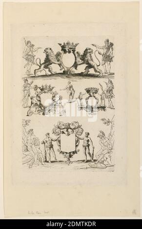 Entwurf für Wappen, aus 'Livre de Cartuches', Nicolas Guérard, französisch, 1648–1719, Radierung auf Papier, Tafel 4. Vier Escutcheons. Vier einheimische Männer, ein Satyr. Zwei Gefangene., Frankreich, ca. 1680, Drucken Stockfoto