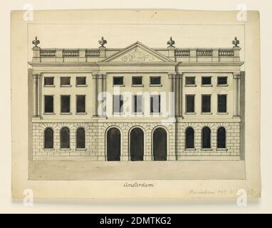 Erhebung der Fassade eines Theaters, Amsterdam, Cesare Recanatini, italienisch, 1823–1893, Feder und graue Wäschen auf cremefarbenem Papier, horizontales Rechteck. Zweigeschossige Palladio-Struktur über einem rustrimierten Kellergeschoss. Dach gebrochen durch Giebel und gekrönt von Balustrade mit Urnen., Italien, ca. 1860, Architektur, Zeichnung Stockfoto