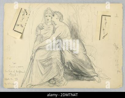 Study for Justice and Mercy, The Kiss of Righteousnes and Peace, Daniel Huntington, Amerikaner, 1816–1906, Graphit auf Papier, Frau mit Kopf, links sitzend, frontal zugewandt. Frauen umarmen sie, rechts, im linken Profil, auch sitzend. Zwei Zettel mit vier Profilen, links und rechts geklebt. Verso: Skizze für Porträt eines sitzenden Mannes., USA, 11. April 1878, Figuren, Zeichnung Stockfoto