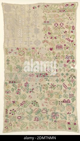 Sampler, Medium: Seidenstickerei auf Baumwollbasis Technik: Gestickt auf Leinwandbindung, kleine freistehende Motive geometrischer und konventionalisierter Blumenformen., Türkei, 19. Jahrhundert, Stickereien & Stitching, Sampler Stockfoto