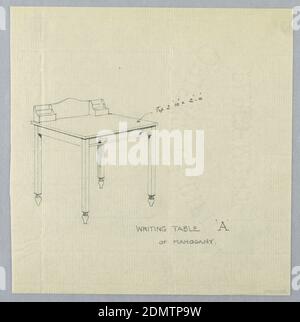 Design für einfachen Schreibtisch 'A' mit geraden quadratischen Beinen, A. N. Davenport Co., Graphit auf dünnem cremefarbenem Papier, einfacher zweistufiger Schreibtisch, der auf 4 quadratischen Beinen mit hängenden flammenförmigen Füßen angehoben wird; schmale Schublade, 1900–05, Möbel, Zeichnung Stockfoto