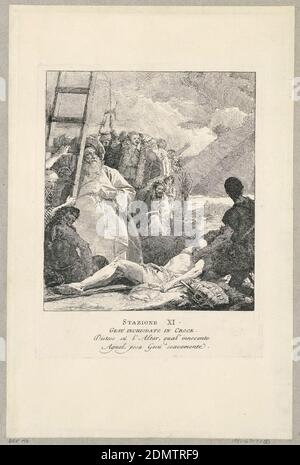 Via crucis - Station XI, Jesus ans Kreuz genagelt, Giovanni Domenico Tiepolo, italienisch, 1727 – 1804, Radierung auf cremefarbenem Papier, nur Staat, Italien, ca. 1749, Drucken Stockfoto