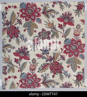 Textil, Medium: Leinenkarp, Baumwollweftechnik: Gemordet gefärbt und bemalt (Chintz) auf einfarbigem Webfundament, exotische Blumen mit hängenden Blüten und Blättern in lebendigen Farben von lila, blau, grün, gelb und rot mit schwarzem umreiß auf weißem Grund., Jouy, Frankreich, 1750–1800, bedruckte, gefärbte & bemalte Textilien, Textil Stockfoto