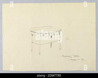 Design für Serviertisch aus Mahagoni und Inlay, A.N. Davenport Co., Stift und schwarze Tinte auf dünnem cremefarbenem Papier, Oblong-Körper mit konvexer Vorderseite und 2 Schubladen; angehoben auf 4 geraden, spitz zurechtwinkligen Beinen; rechteckiges unteres Regal zur Befestigung der Beine auf halber Höhe; Backsplash., 1900–05, Möbel, Zeichnung Stockfoto