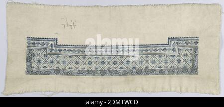 Sleeve band, Medium: wool on cotton Technique: embroidered, Sleeve band of grey cotton, embroidered in wool at one side in small-scaled geometric pattern, outlined by a running and repeated 'T' pattern., China, late 19th century, embroidery & stitching, Sleeve band Stock Photo