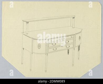 Design für Sideboard mit oberem Regal, A. N. Davenport Co., Stift und schwarze Tinte auf dünnem cremefarbenem Papier, Sideboard mit sechs geraden, spitz zugeradlinigen Beinen; abgerundete Vorderecken mit Patera-Medaillon-Verzierung in der Mitte; flacher Vordermittelteil: Vier Schubladen in drei Reihen; nach oben verlängerter Rücken und zwei kurze Säulen unterstützen Oberregal., 1900–05, Möbel, Zeichnung Stockfoto