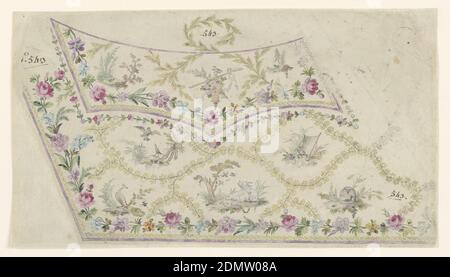 Design for Embroidery, Gentleman's Weste Pocket, Fabrique de Saint Ruf, Lyon, Frankreich, Pinsel und Aquarell, Gouache, Stift und schwarz, lila Tinte, Und Graphit auf cremefarbenem Papier, die Weste oder Weste Tasche Klappe zeigt Girlanden von hellgrünen Blättern, während der Bereich der Tasche unter der Klappe enthält Girlanden von gelben Blüten. Die Klappe zeigt einen Vogel auf der linken Seite, einen Vogel und Schaufel auf einem Blumenkorb in der Mitte, und ein Baum auf der rechten Seite. Der Bereich unter der Taschenklappe umfasst Kaninchen, verschiedene Vögel und eine Maus in einer Falle. Lila Kanten mit Reihen von gelben Perlen und lila, blau Stockfoto