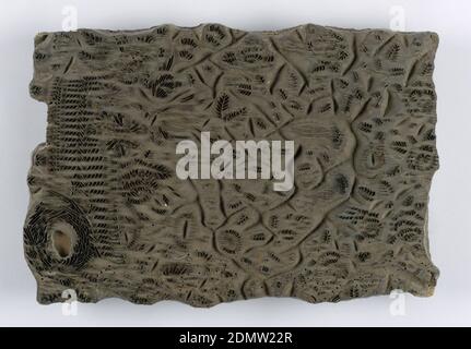 Druckblock, Medium: Holz, Metall, Design von Blättern und Blumen aus Metallstreifen und Stiften., USA, 19. Jahrhundert, Geräte & Werkzeuge, Druckblock Stockfoto