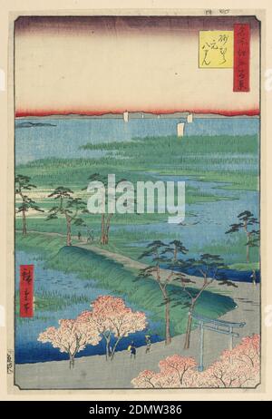 Ehemaliger Hachiman-Schrein, Sunamura (Sunamura Moto-Hachiman) aus der Serie hundert berühmte Ansichten von Edo, Ando Hiroshige, japanisch, 1797–1858, Holzblock-Druck in farbiger Tinte auf Papier, dieser Blick aus der Vogelperspektive blickt vom Moto-Hachiman-Schrein auf die Edo-Bucht. Direkt unten befindet sich der torii, der Eingang zum Schrein, und zwei prominente Figuren entlang des Weges. Eine Figur trägt einen großen gelben Hut, während die andere eine Pfeife raucht. Der Weg führt hinter diesen detaillierten Figuren zwischen den Sümpfen weiter und führt über die Bucht hinaus. Stockfoto