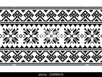 Ukrainian, Belarusian cross-stitch vector seamless pattern, monochrome long retro ornament inpired by folk art - Vyshyvanka Stock Vector