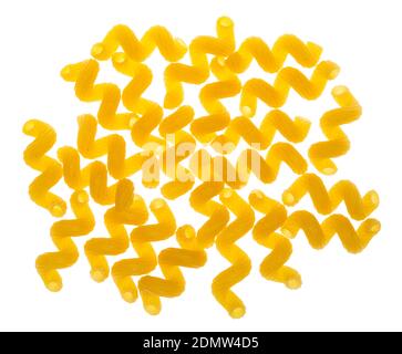 top view of handful of dried Cavatappi (variety of italian short pasta) isolated on white background Stockfoto