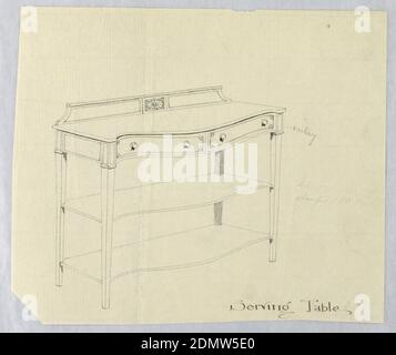 Design für Serviertisch mit Convex Front, A.N. Davenport Co., Stift und schwarze Tinte auf dünnem cremefarbenem Papier, Oblong-Platte mit konvexer Front mit 2 Schubladen und angehoben auf 4 geraden, spitz zulaufenden Beinen; 2 konformen Einlegeböden unten; niedriger Rücksplash mit horizontaler Patera-Medaillon-Mitte., 1900–05, Möbel, Zeichnung Stockfoto